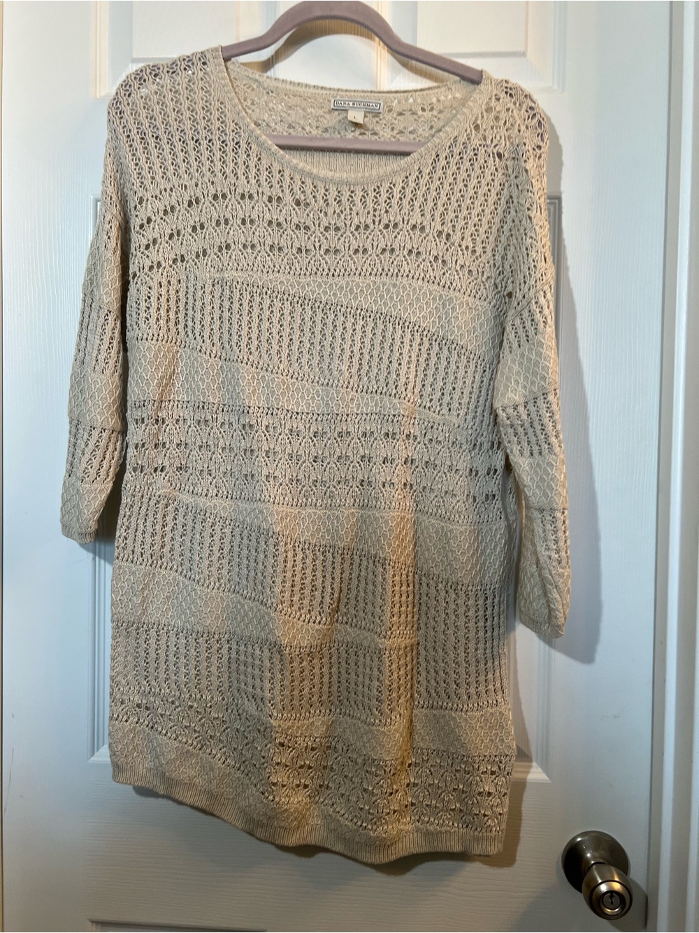 🦋 Dana Buchman Cream Openwork Crochet  3/4 sleeve Sweater size large
